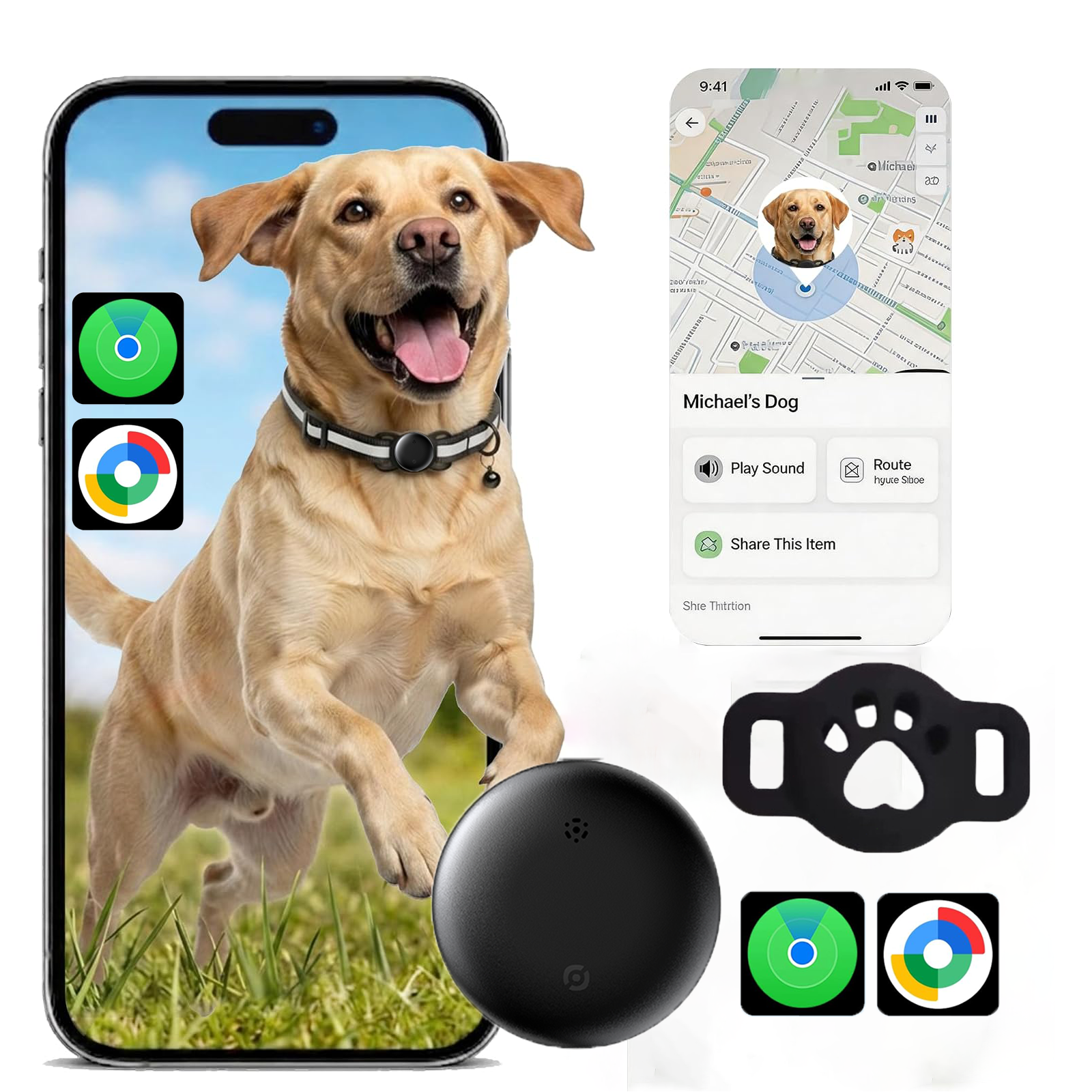 Pet Tracker Works with Apple Find My & Google Find My Device, No Monthly Fee No SIM IP68 Waterproof Mini Dog Cat Finder, 365-Day Long Battery Anti-Loss Locator with Collar Holder