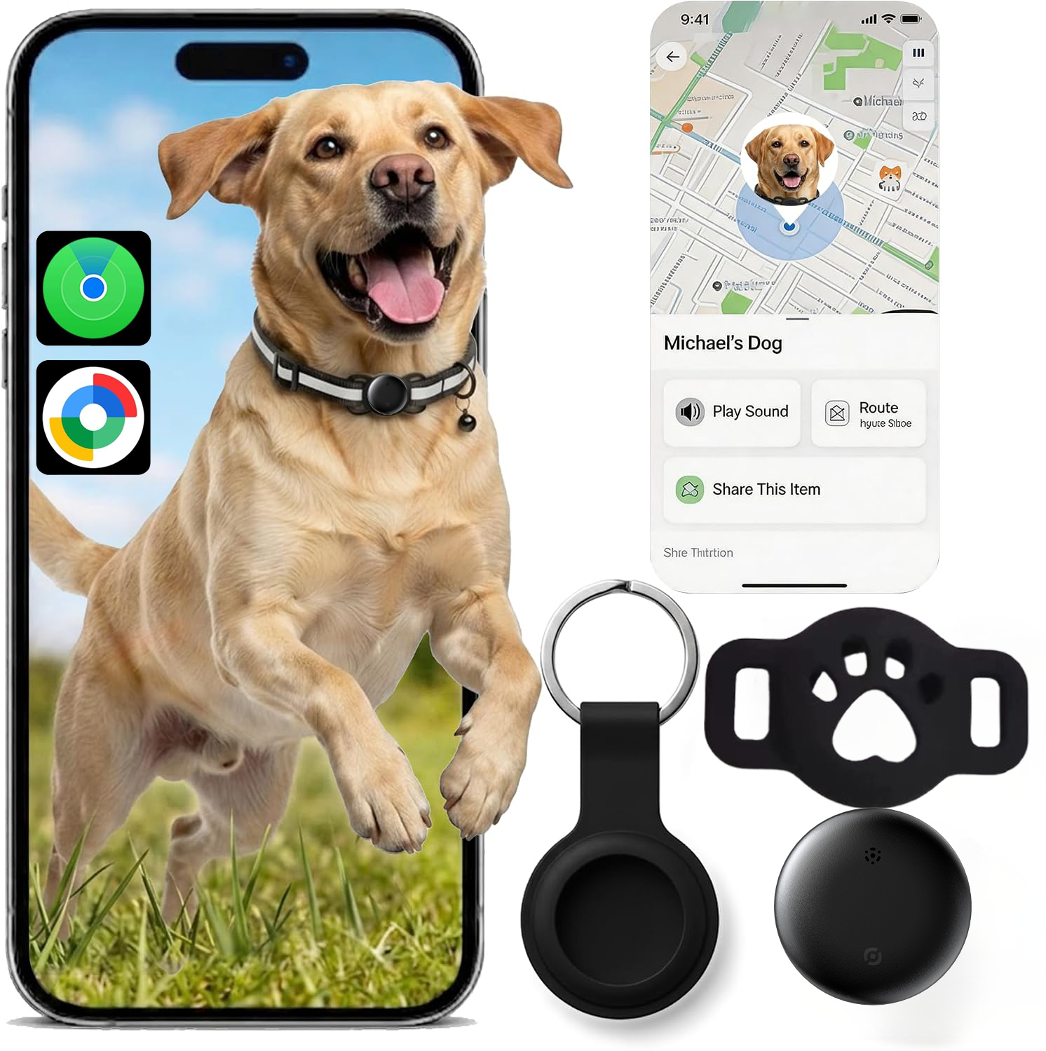 Pet Tracker Works with Apple Find My & Google Find My Device, No Monthly Fee No SIM IP68 Waterproof Mini Dog Cat Finder, 365-Day Long Battery Anti-Loss Locator with Collar Holder