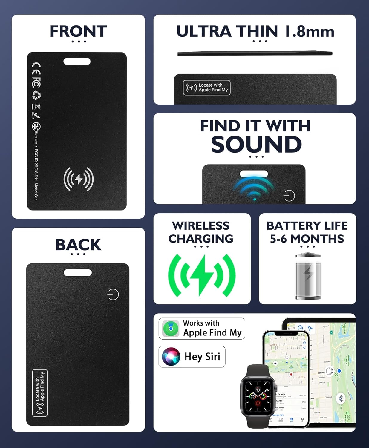 Wallet Tracker Card, Thin Bluetooth Tracker, Works with Apple Find My (iOS Only), Rechargeable, Wallet Finder and Item Locator for Wallet, Luggage Tags and More(2 pcs