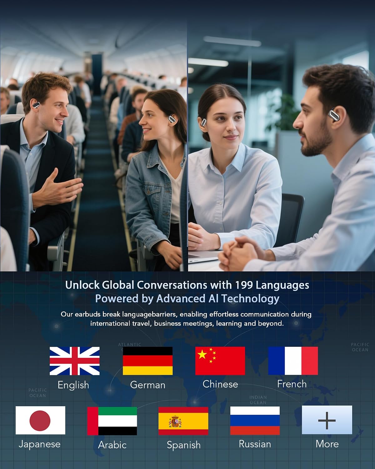 AI Translation Earbuds Real Time, 199+ Language Translator Earbuds, AI Enhanced Sound Audifonos Traductores Inglés Español, No Subscription Translating Headphones, OWS Open Ear 6-in-1 Smart Headphones