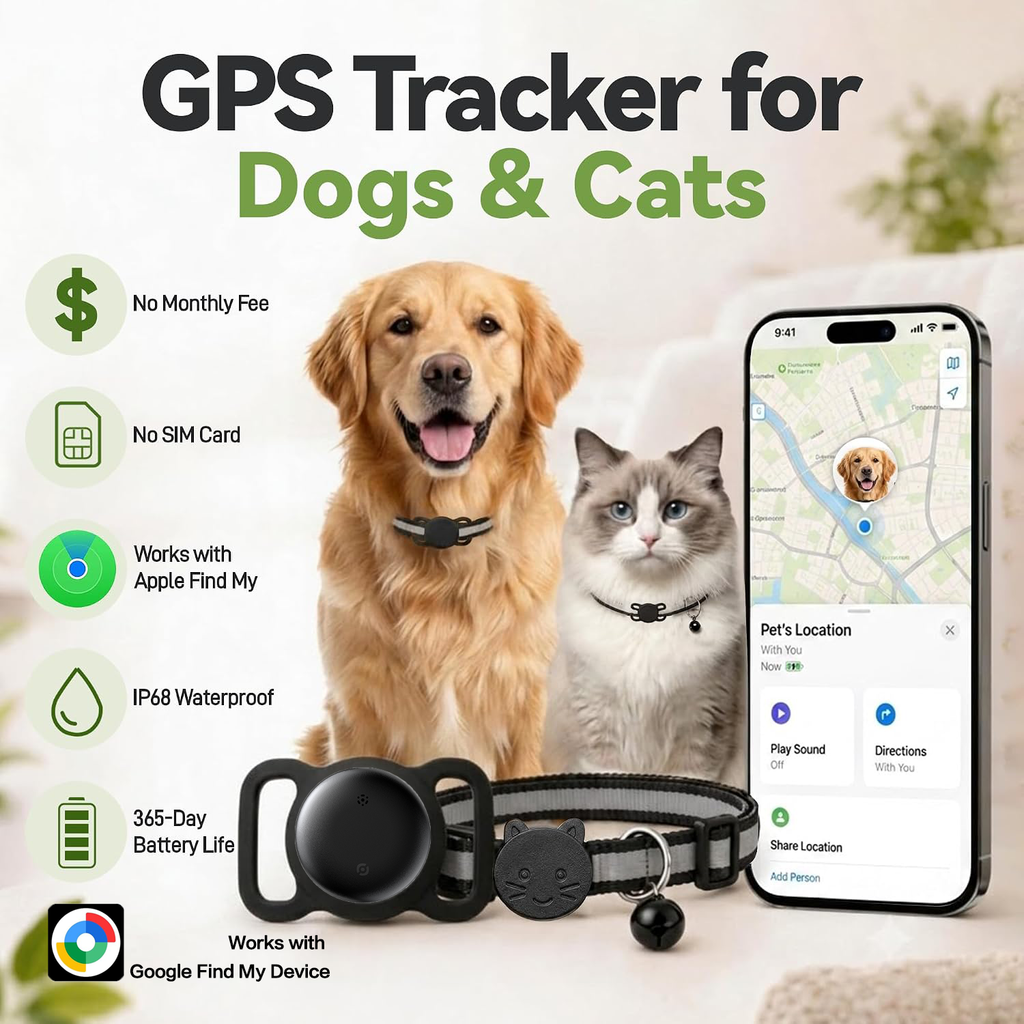 Pet Tracker Works with Apple Find My & Google Find My Device, No Monthly Fee No SIM IP68 Waterproof Mini Dog Cat Finder, 365-Day Long Battery Anti-Loss Locator with Collar Holder