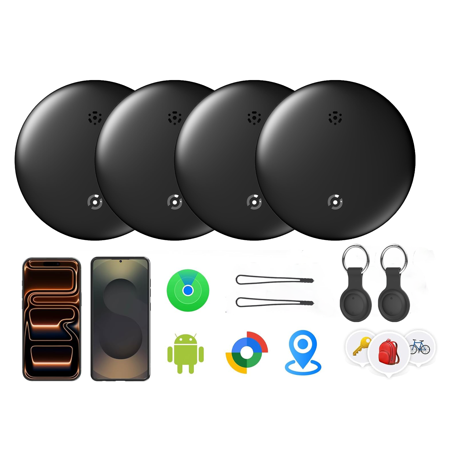 Tracker Smart Tags Android & iOS-Dual System Bluetooth Luggag Tracker Keys Finder/Item Locator Work with Apple Find My (iOS)&Google's Find Hub(Android) for Key,Backpack,Luggage Black (4 Packs)