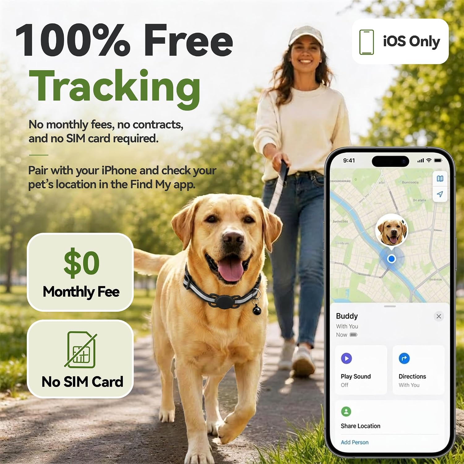 Pet Tracker Works with Apple Find My & Google Find My Device, No Monthly Fee No SIM IP68 Waterproof Mini Dog Cat Finder, 365-Day Long Battery Anti-Loss Locator with Collar Holder