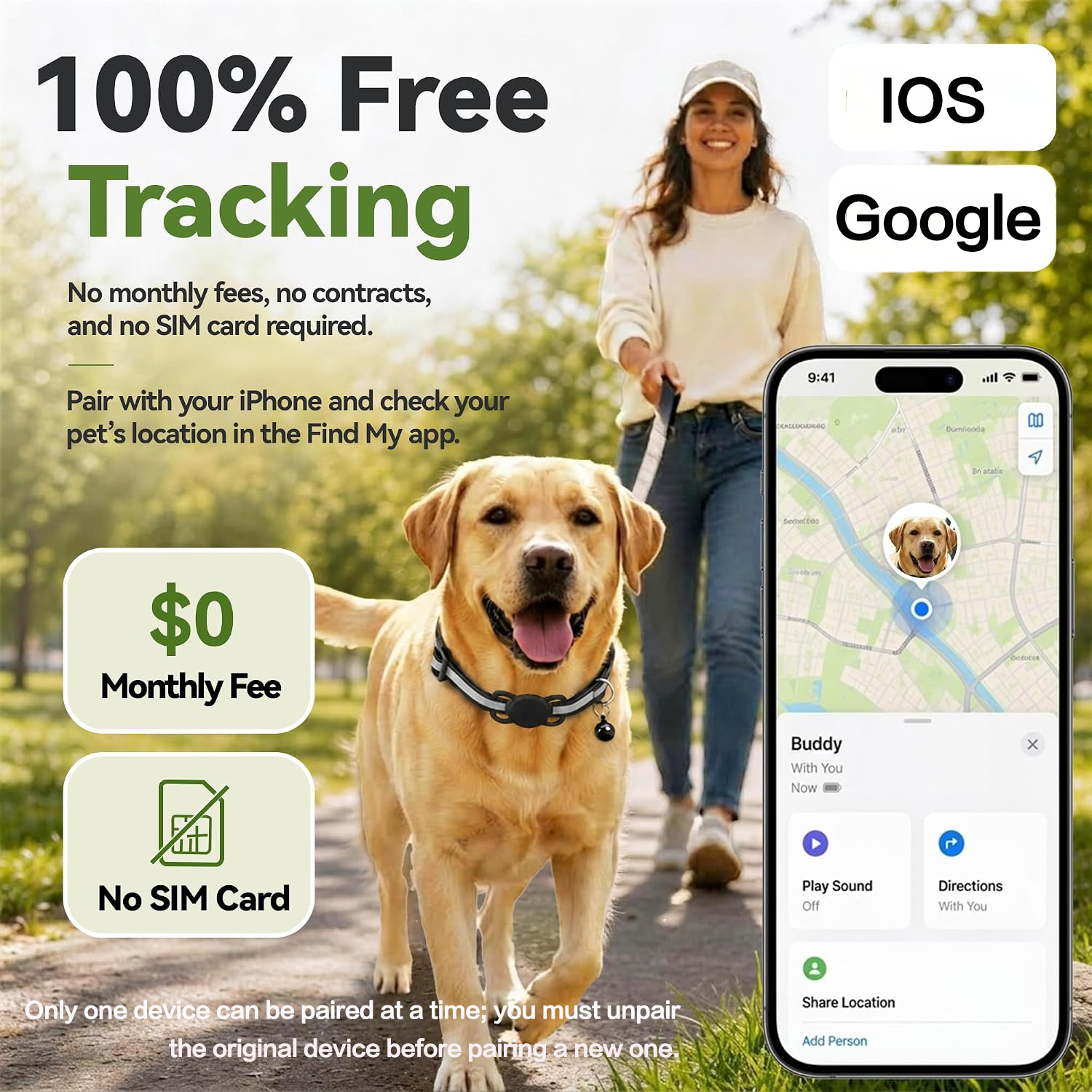 Pet Tracker Works with Apple Find My & Google Find My Device, No Monthly Fee No SIM IP68 Waterproof Mini Dog Cat Finder, 365-Day Long Battery Anti-Loss Locator with Collar Holder