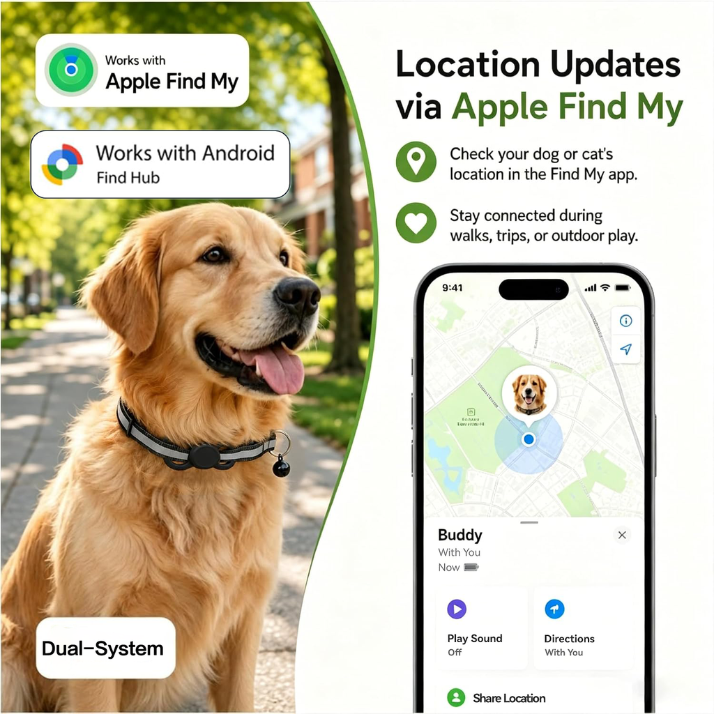 Pet Tracker Works with Apple Find My & Google Find My Device, No Monthly Fee No SIM IP68 Waterproof Mini Dog Cat Finder, 365-Day Long Battery Anti-Loss Locator with Collar Holder
