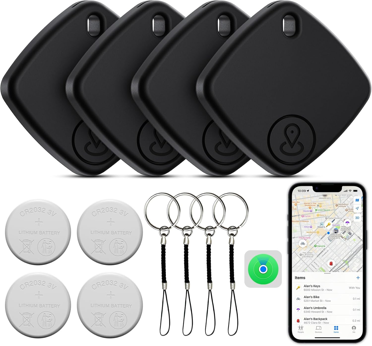 Tracker-4 Pack, Bluetooth Tracker Work with Find My (iOS Only), Smart Trakcer Key Finder and Item Locator with Lanyard, Tracker for Keys, Luggage Replaceable Battery (4 Packs)