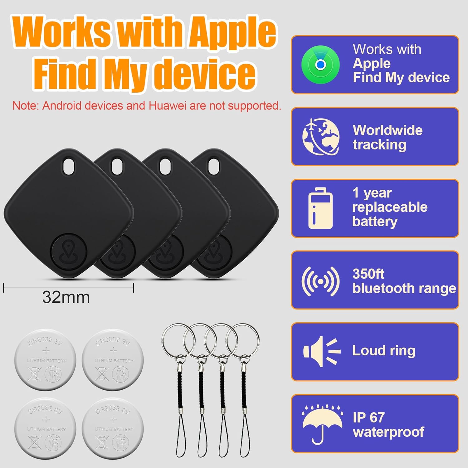 Tracker-4 Pack, Bluetooth Tracker Work with Find My (iOS Only), Smart Trakcer Key Finder and Item Locator with Lanyard, Tracker for Keys, Luggage Replaceable Battery (4 Packs)